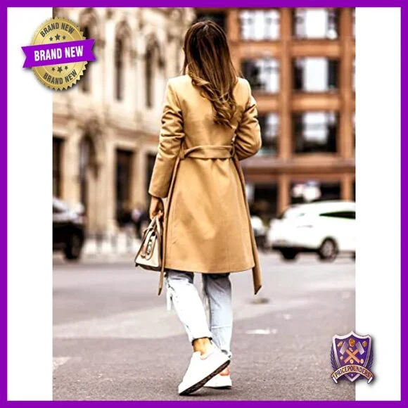 Wool Trench Coat Double Breasted Belted Classic Fall Winter Peacoat - Picture 3 of 4